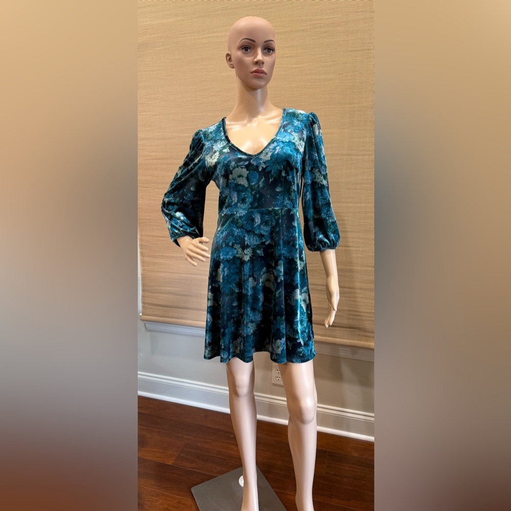 Midnight Doll Velvet Elegant Teal, Black, and Green Floral Dress